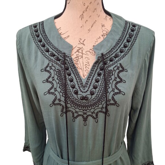 Women's Tunic Dress Green & Black Embroidered Tassel XL - Boho Witchy Peasant - Picture 3 of 8